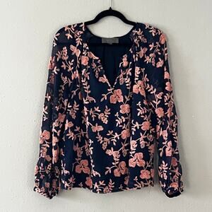 Anthropologie Sundays in Brooklyn Embroidered Floral Blouse Women’s S Navy Pink